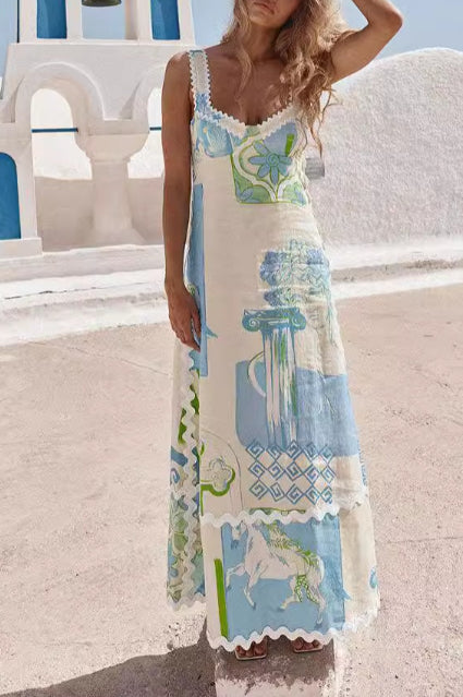 Fashion Linen Print Sexy Backless Bow Tie Midi Dress White