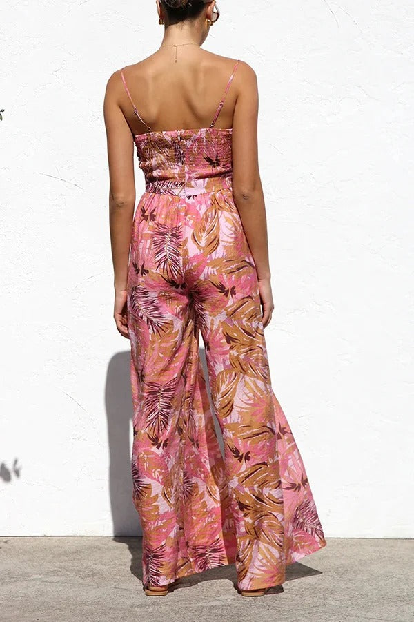 Botanical Print Strappy Resort Style Wide-leg Pants Jumpsuit
