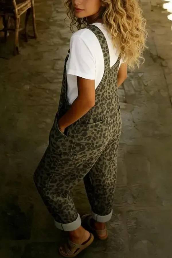 Women's Vintage Leopard Print Adjustable Strap Overalls