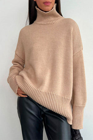 Turtleneck Drop Shoulder Slouchy Knitting Sweater apricot