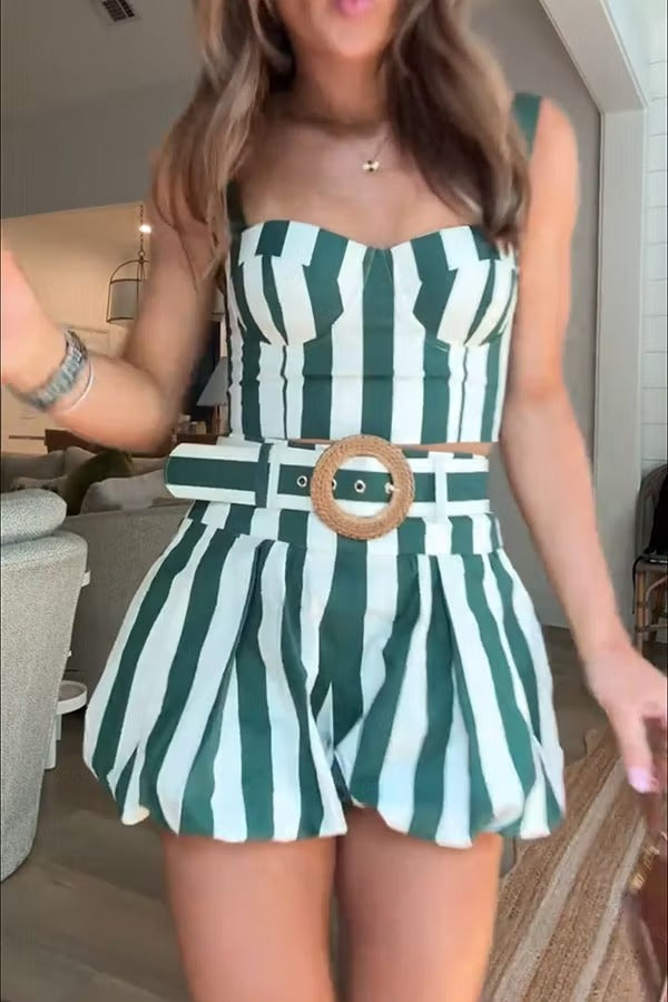 Claudine Striped Heart-shaped Smocked Tank and Raffia Buckle Belted Pocket Bubble Shorts Set