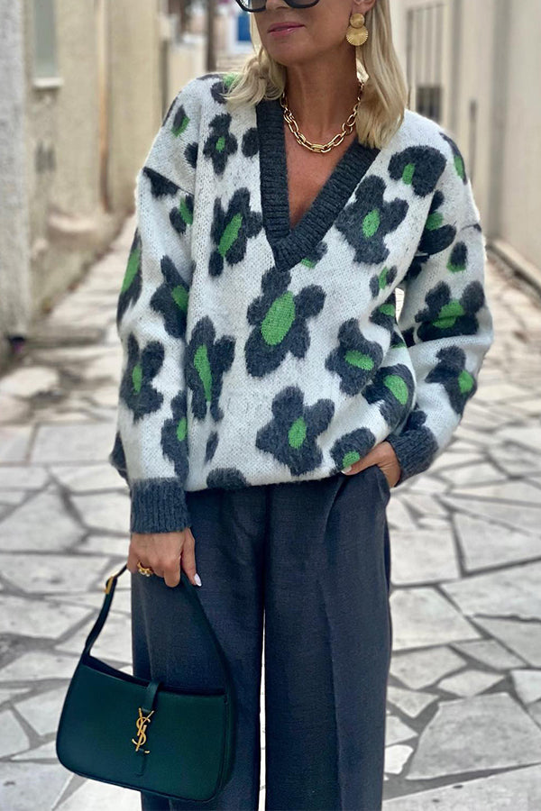 Cosy October Knit Flower Pattern Loose Pullover Sweater Green
