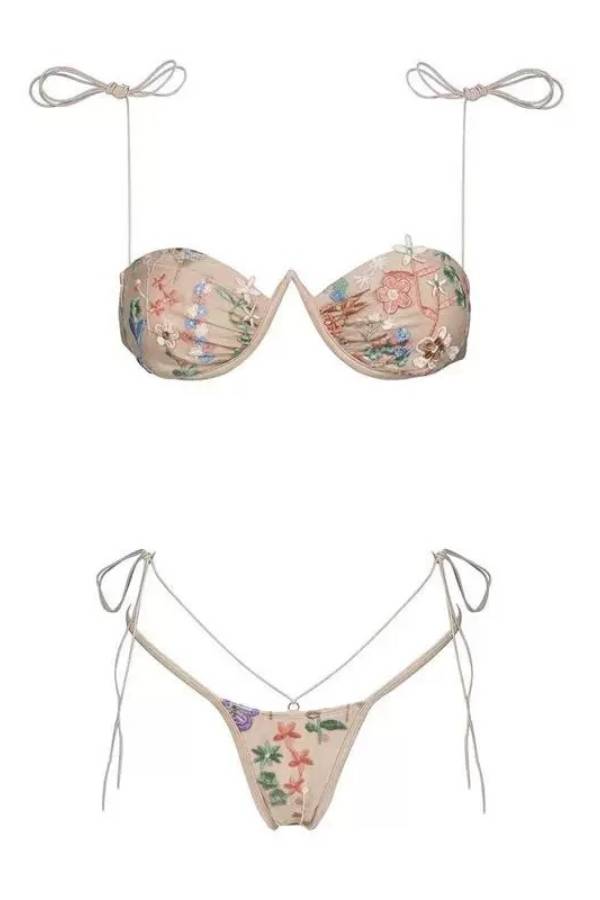 Embroidered Floral Thin Strap Tie Bikini Set