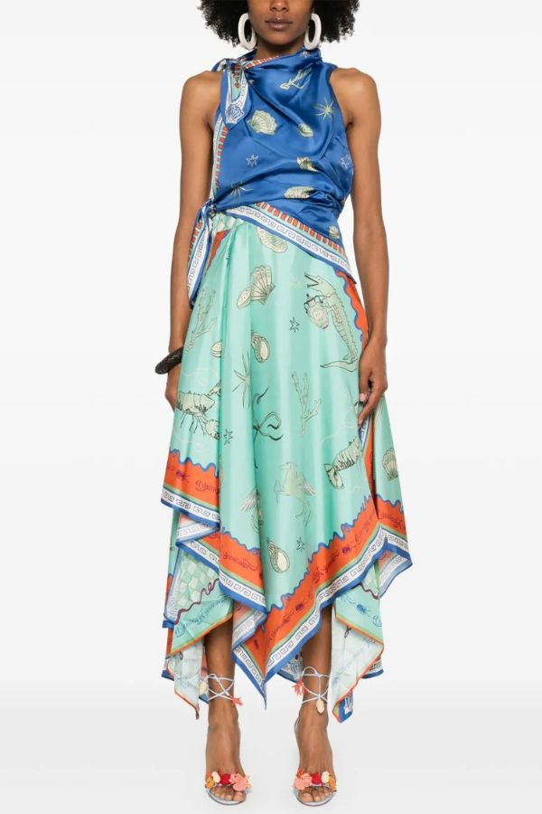 Surrealist Summer Satin Unique Print Tie-up Details Layered Hem Scarf Maxi Dress