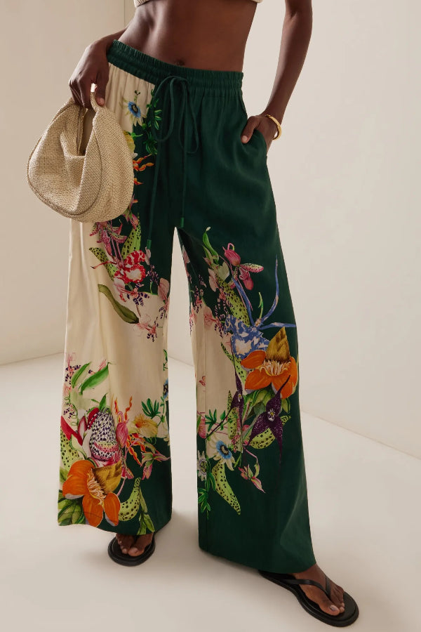 Unique Positioning Retro Print Loose Wide-Leg Pants Green