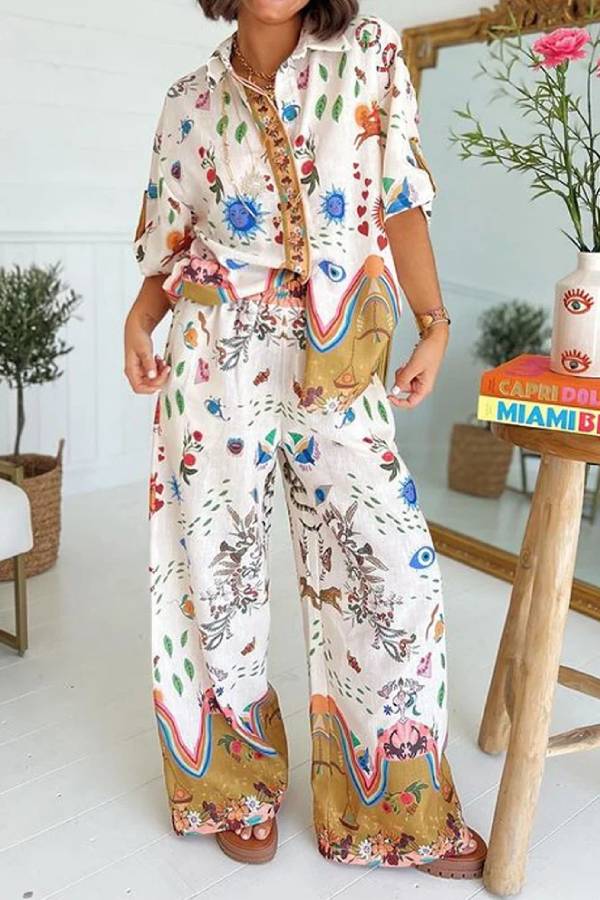Fashion Printed Short Sleeve Shirt & Pants Two-piece Set White