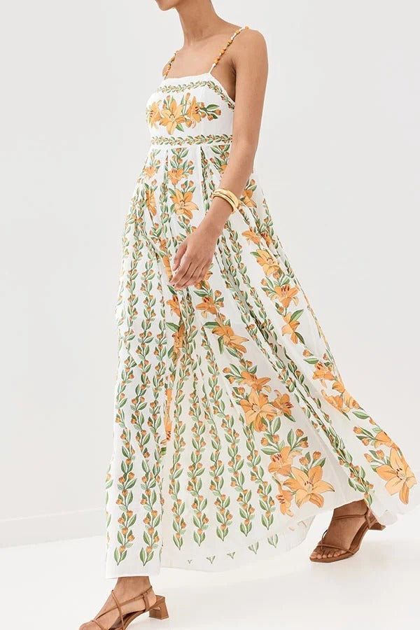 Summer Dreamer Linen Blend Unique Print Beaded Straps Pocketed Maxi Dress