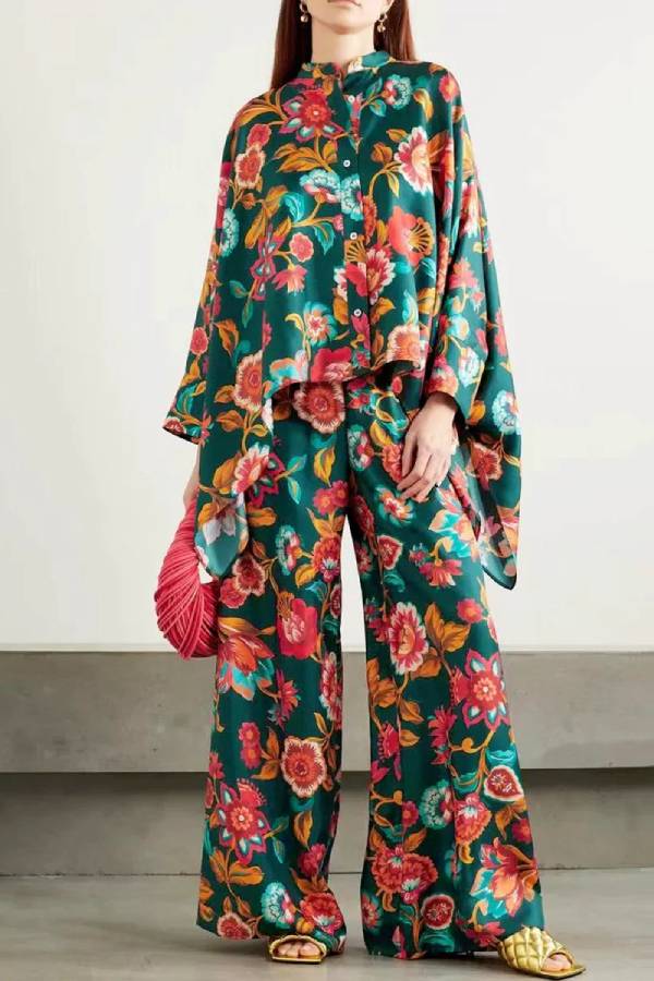 Fine Satin Floral Print Batwing Sleeve Pants Set - Olive green Olive green One Size