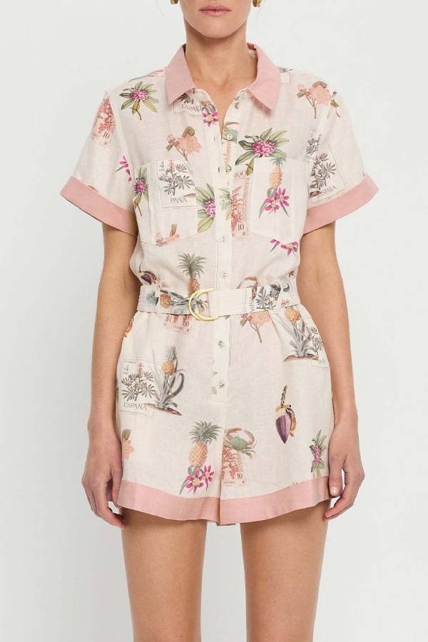 Tropical Print Linen Shirt-Style Romper