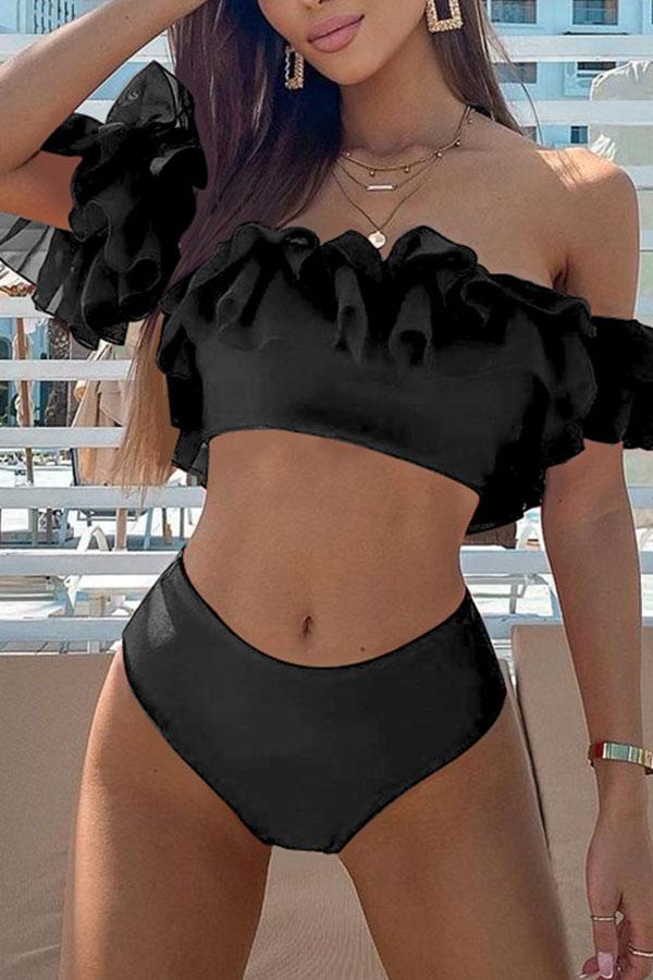 Ruffled High Waist Bikini Black