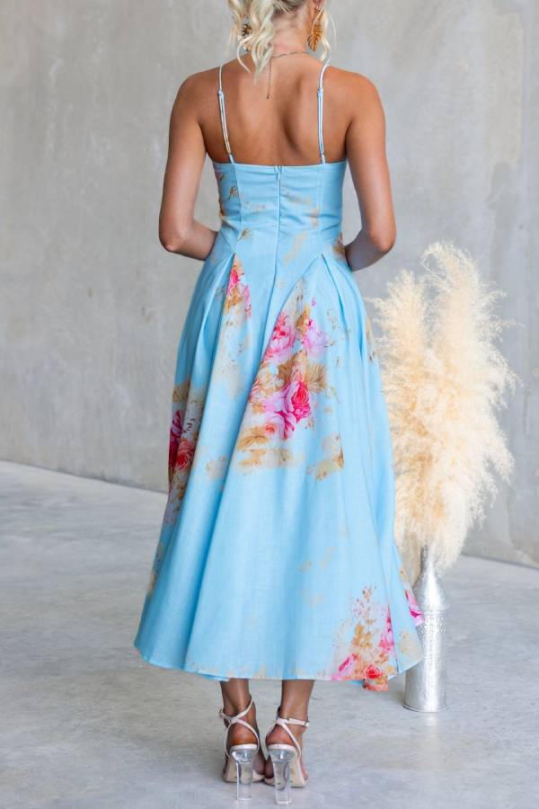 French Floral V-Neck Spaghetti Strap Fit-and-Flare Midi Dress