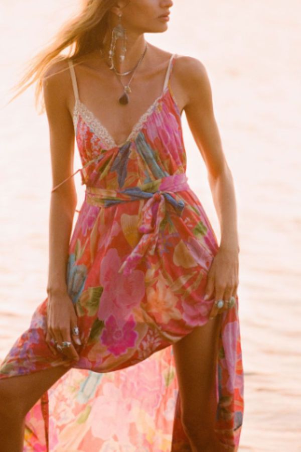 Painter's Garden Boho Floral Print Strappy A-line Maxi Dress