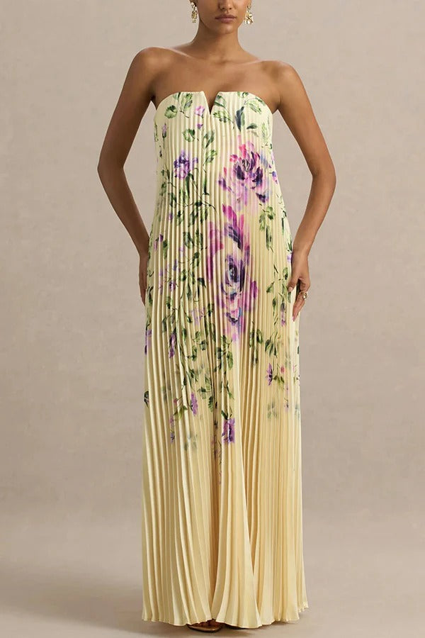 Für jeden Anlass: Satin-Maxikleid mit Plissee und Blumenmuster und V-Bügel-Bandeau-Ausschnitt 