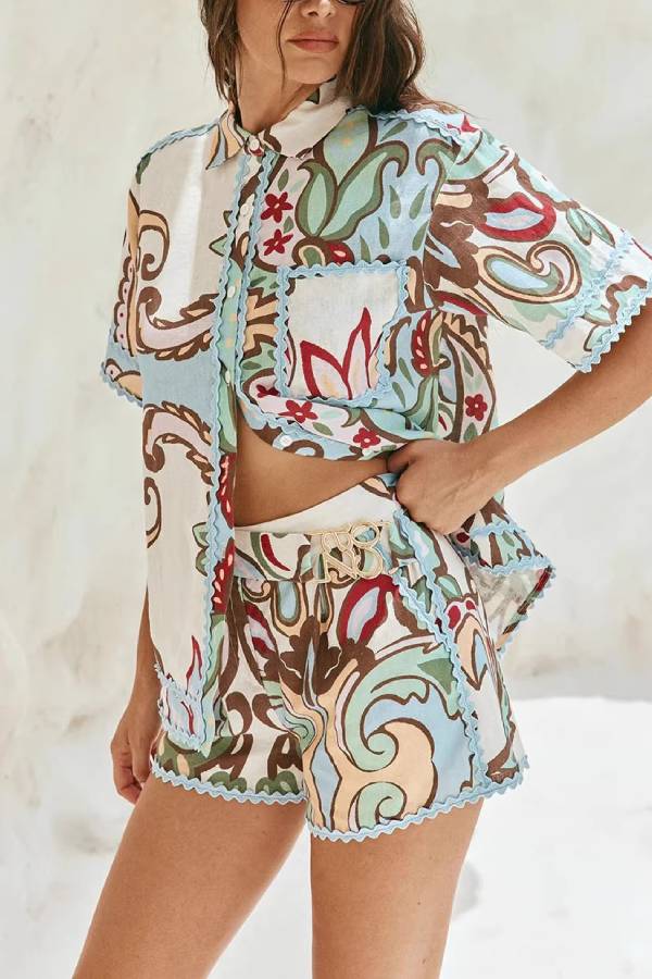 Paisley Floral Print Scallop Trim Short-Sleeve Shirt & Shorts Two-Piece Set