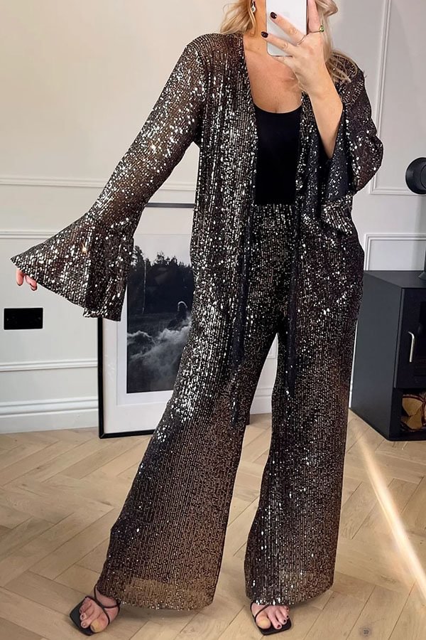 Be The Show Star Sequin Elastic Waist Pocketed Flare Pants
