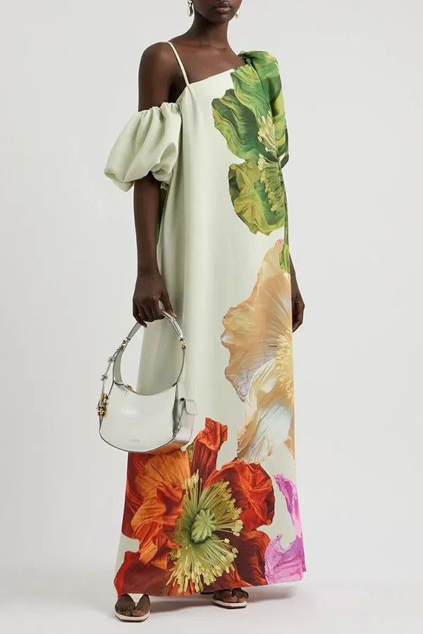 Floral Print Slant Collar Puff Sleeves Loose Holiday Maxi Dress