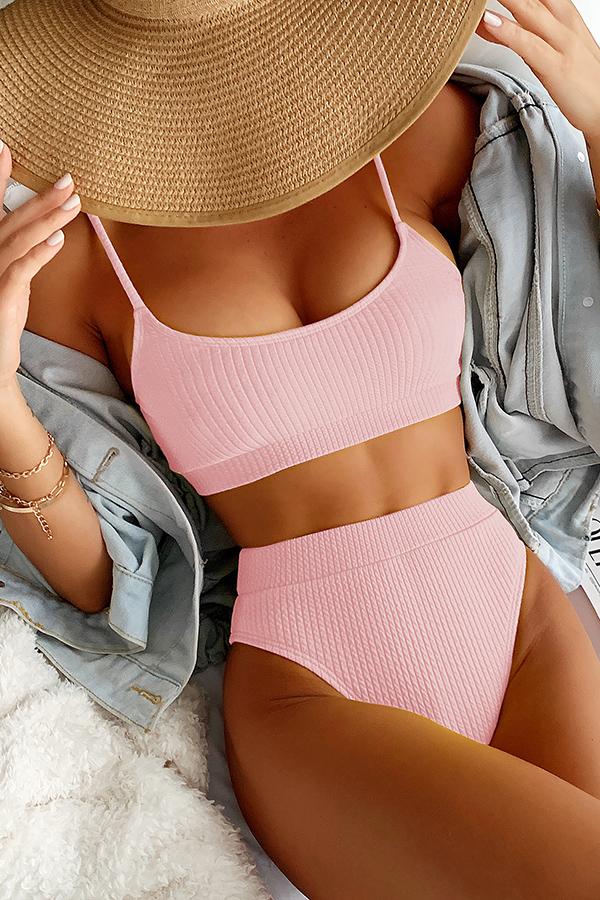 Morning Kisses Ribbed High Waist Bikini Swimsuit Pink