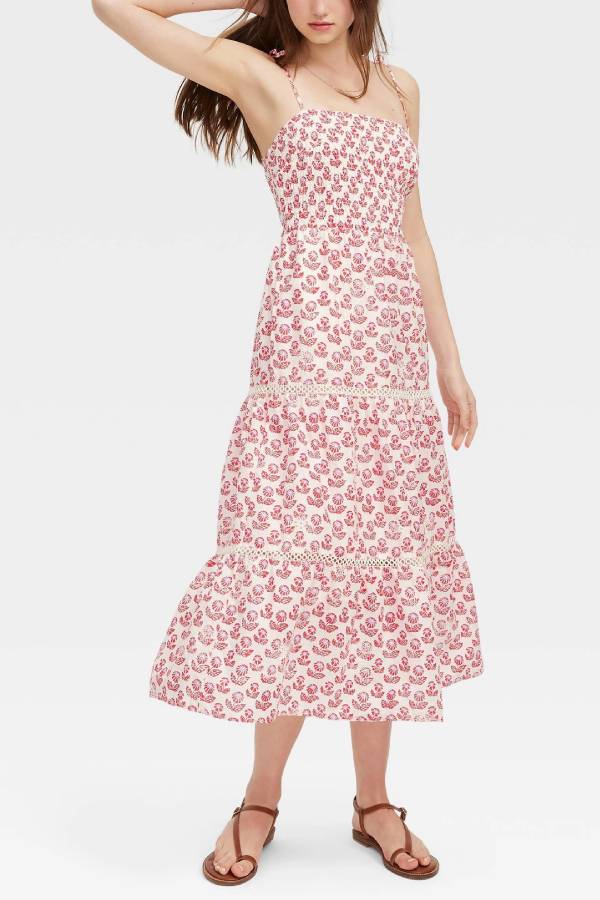 Red Floral Print Tie-Strap Lace Tiered Midi Dress