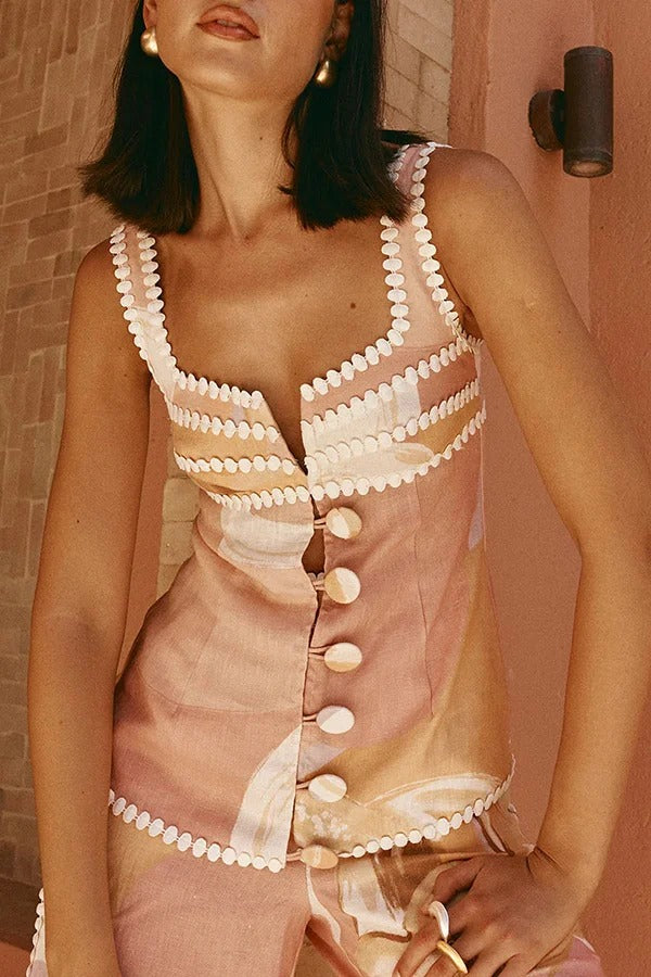 European Summer Linen Blend Ric Rac Trims Unique Print Button Tank