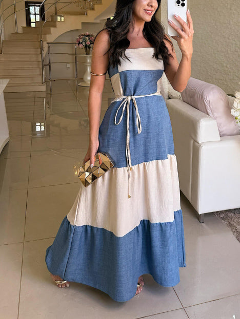 Robe longue décontractée à empiècements contrastés et col carré