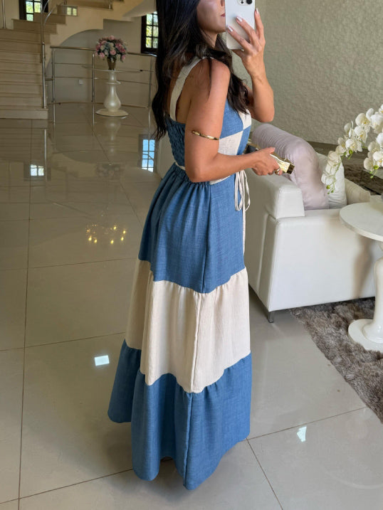 Robe longue décontractée à empiècements contrastés et col carré