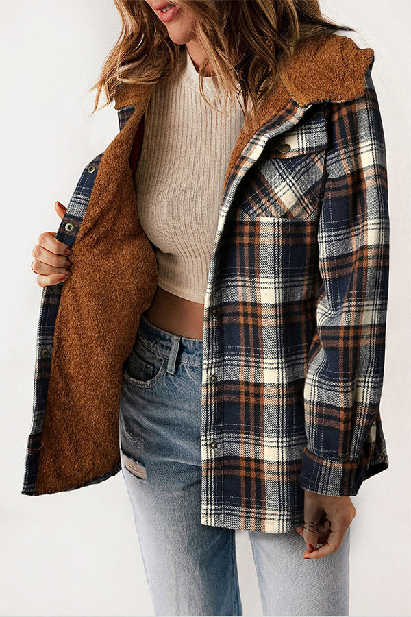 Snap Button Sherpa Lined Hooded Flannel Jacket Navy blue