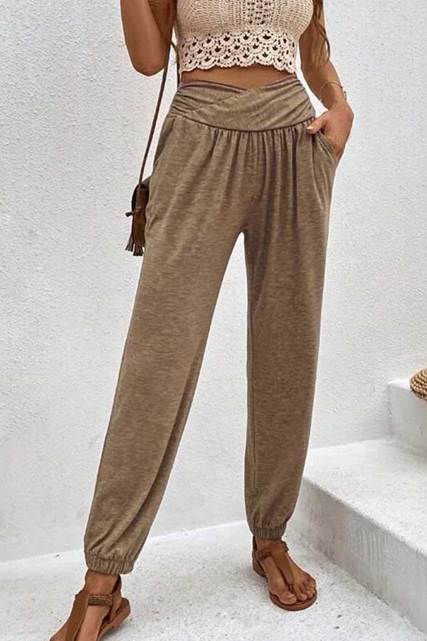 Temperament casual loose pocket high waist trousers Khaki
