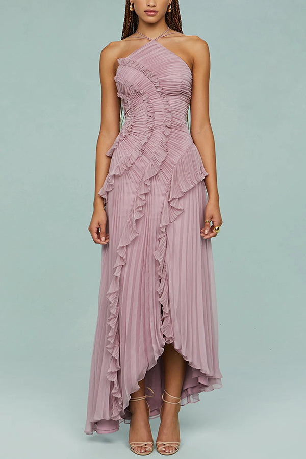 Dream Ode Lily Pad Style Pleats and Ruffles Halter Gown Maxi Dress Pink