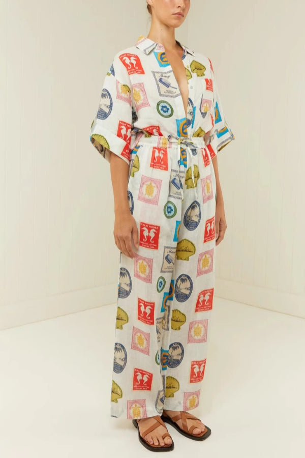 Fashion Printed Linen Casual All-match Shirt Cardigan Trousers