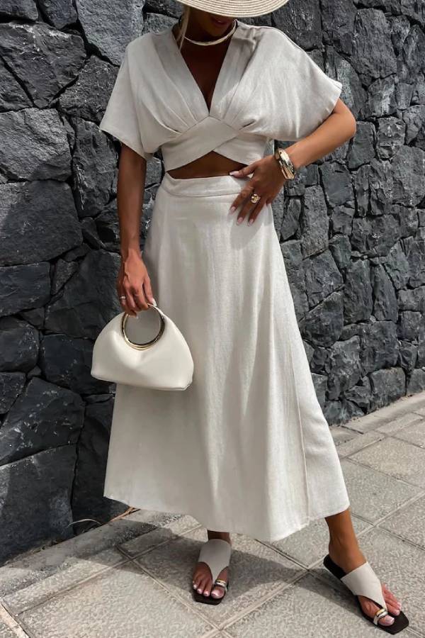 Casual Solid V-Neck Top & Skirt Two-Piece Set White