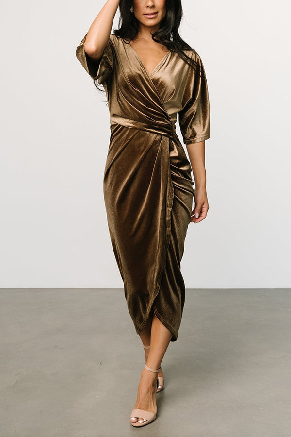 V-neck sexy irregular skirt evening dress camel