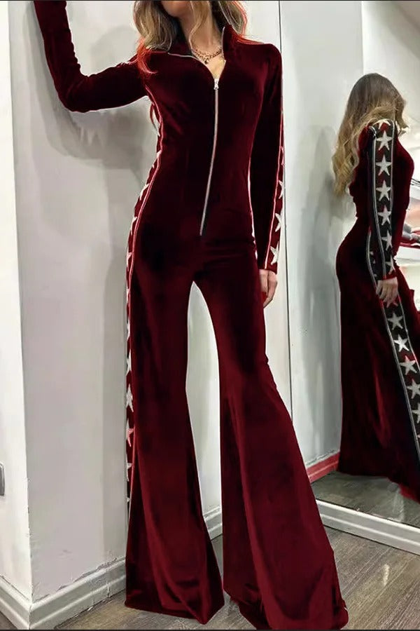 Star-print Velvet Patchwork Zipped Wide-leg Jumpsuit Wine Red
