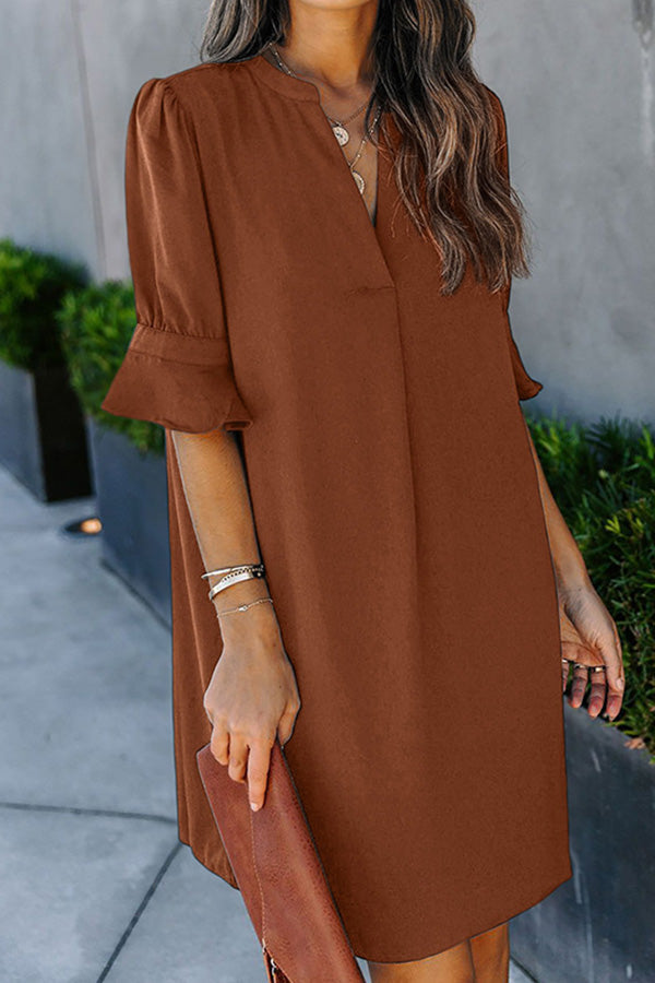 Solid Color Loose Casual V Neck Short Sleeve Knee Length Dress Brown