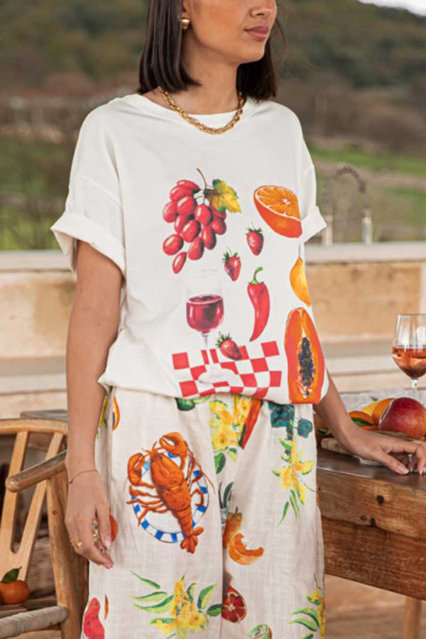 Unique Printed Round Neck Short Sleeve Loose T-Shirt Multicolor
