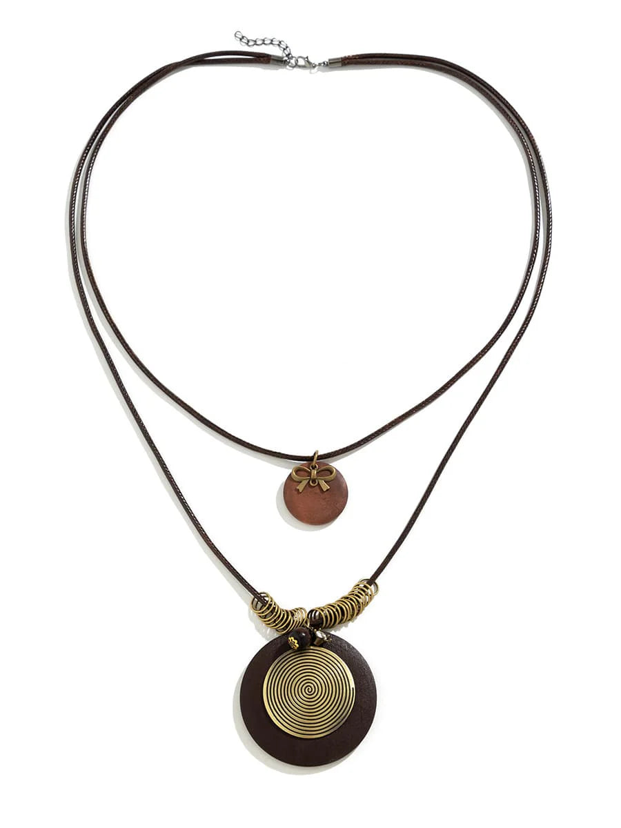 Wooden Disc Beaded Long Necklace Bronze K1 one size