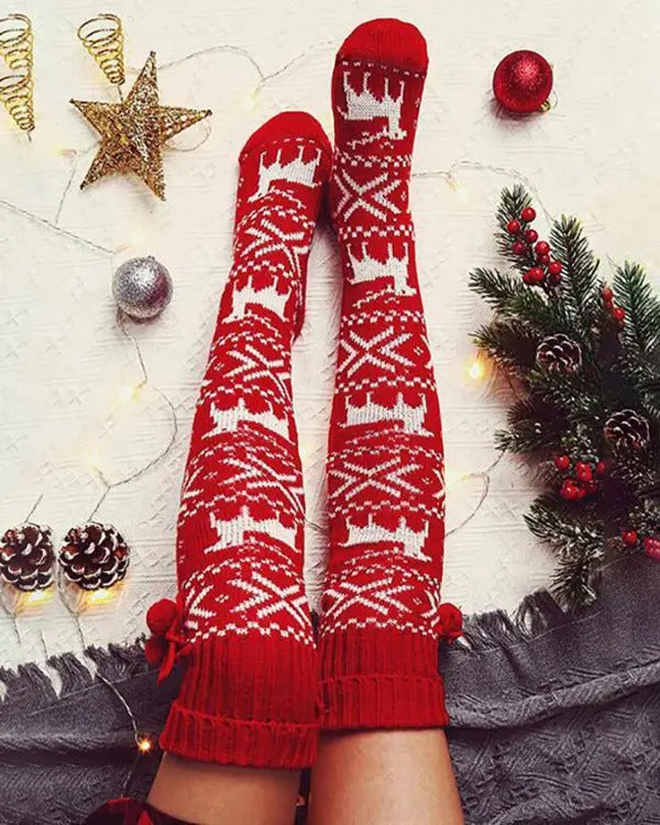 Christmas Elk Snowflake Print Pom Pom Socks One Size Red