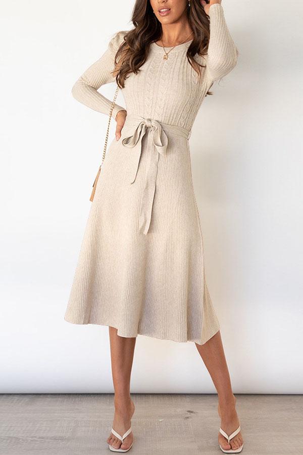 Bubble Long-sleeved Knitted Mid-length Dress Apricot