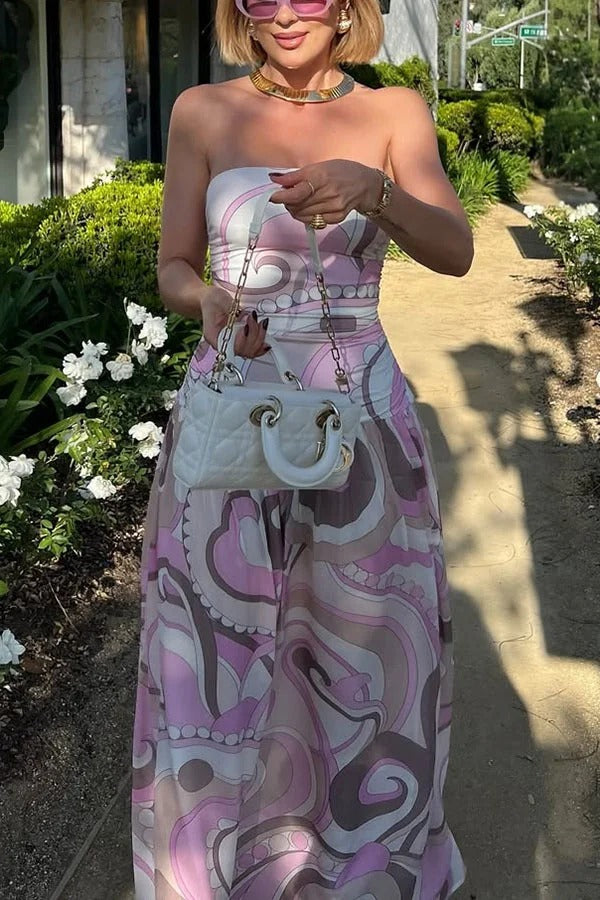 Gorgeous Pastels Unique Print Off Shoulder Low Rise Loose Maxi Dress