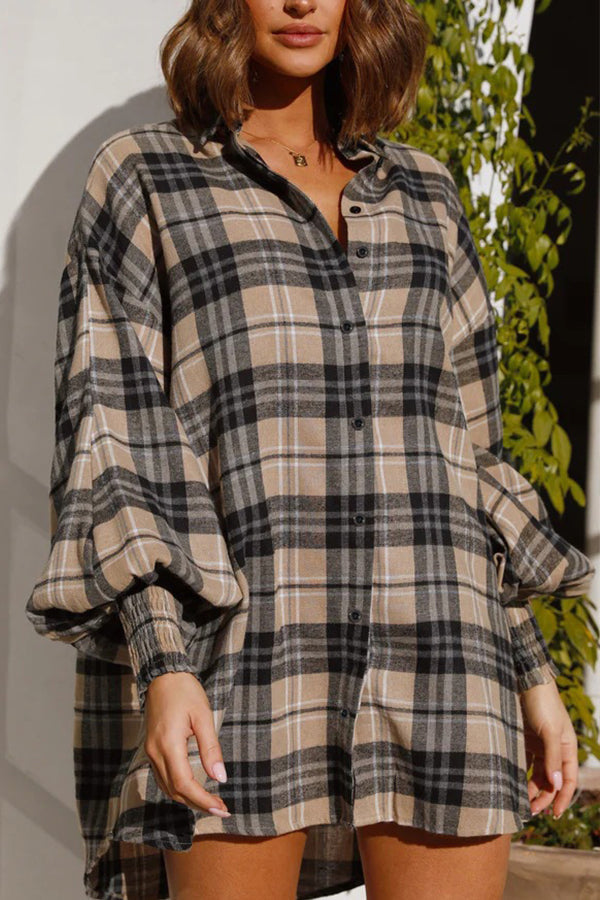 Mixed color plaid lantern sleeve long sleeve shirt Picture 3