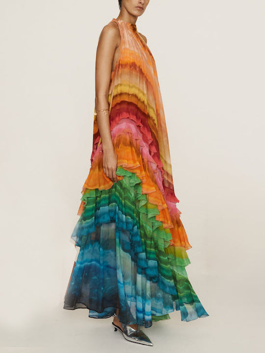 Robe longue à volants et imprimé coloré unique