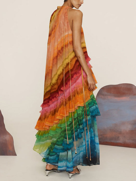 Robe longue à volants et imprimé coloré unique