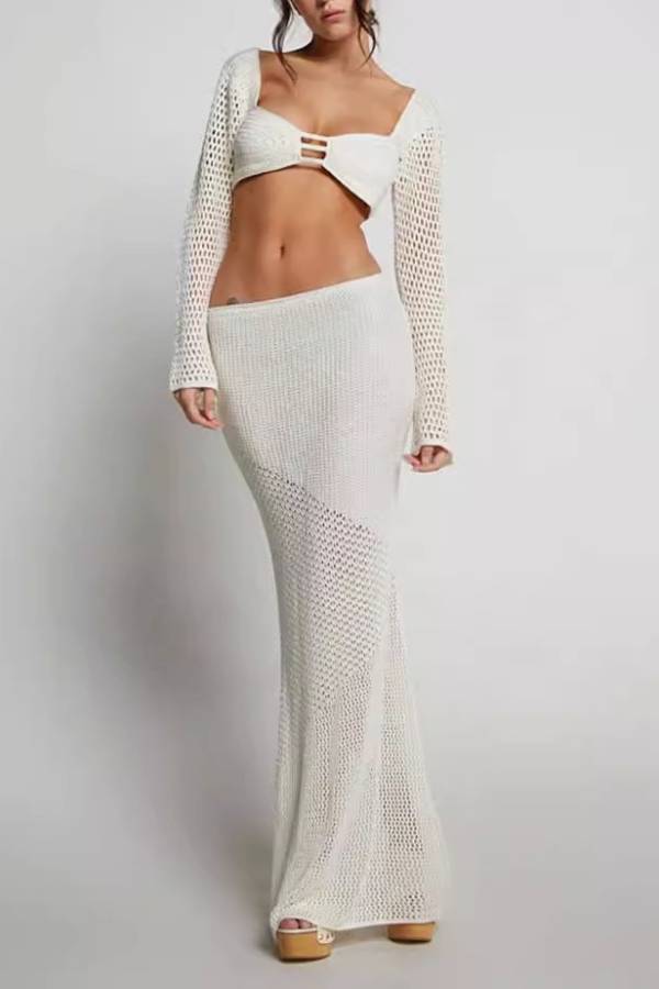 Square Neck Cutout Long Sleeve Crochet Top & Fishtail Skirt Vacation Two-Piece Set