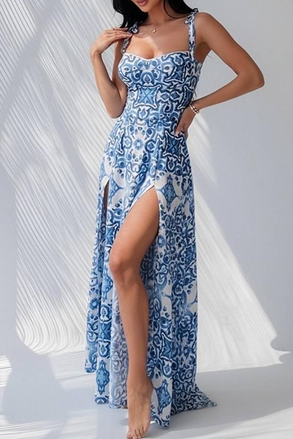 Blue Porcelain Print Tie Back High Slit Spaghetti Strap Maxi Dress