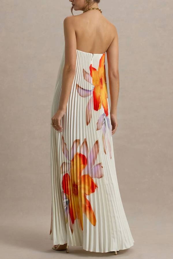 Für jeden Anlass: Satin-Maxikleid mit Plissee und Blumenmuster und V-Bügel-Bandeau-Ausschnitt 