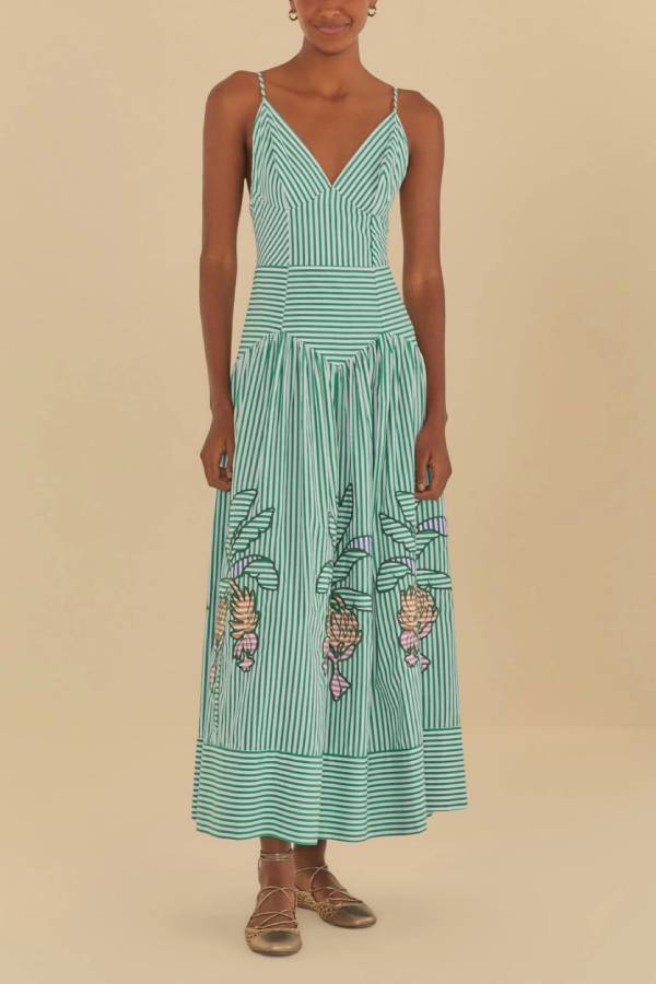 Exquisite V-neck Striped Banana Tree Print Midi Dress Green