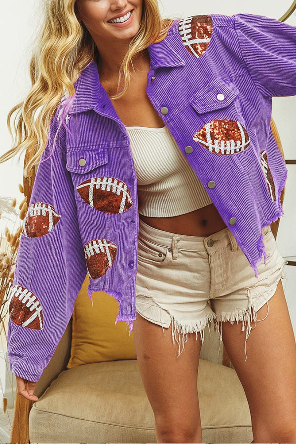 Corduroy and rugby sequined jacket women's multi-color tassel baseball uniform Purple