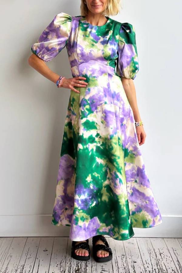 Green & Purple Tie-Dye Puff Sleeve Waist Tiered Satin Midi Dress