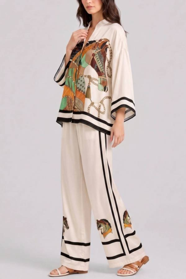 V-Neck Horse Pattern Satin Suit Pants Two-Piece Set