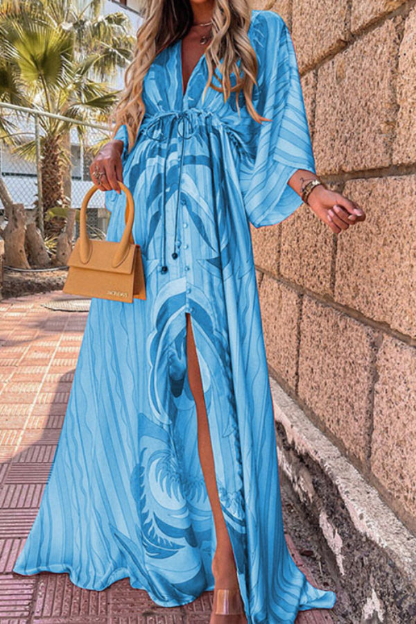 V-Neck Batwing Bohemian Printed Long Beach Cover-Up Dress Blue S