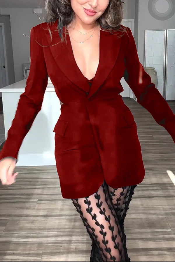 Queen Temperament Button Up Long Sleeve Backless Lapel Blazer Red